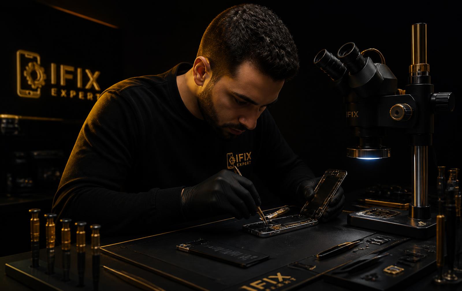 Técnico realizando manutenção de iPhone na bancada
